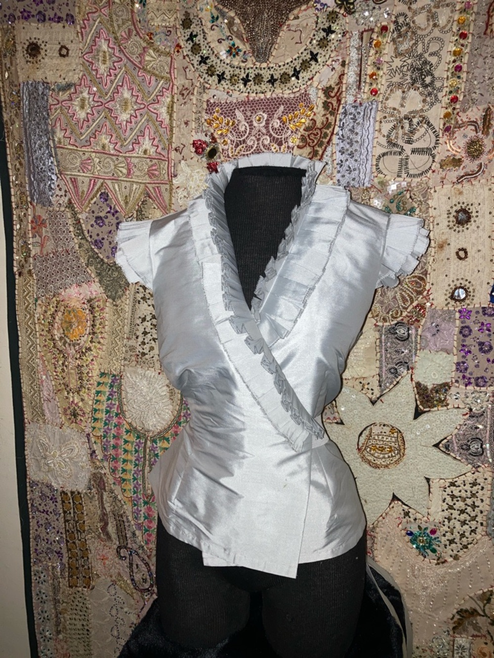 Calvin Klein Silver Satin Wrap Ruffle Cap-Sleeve Blouse